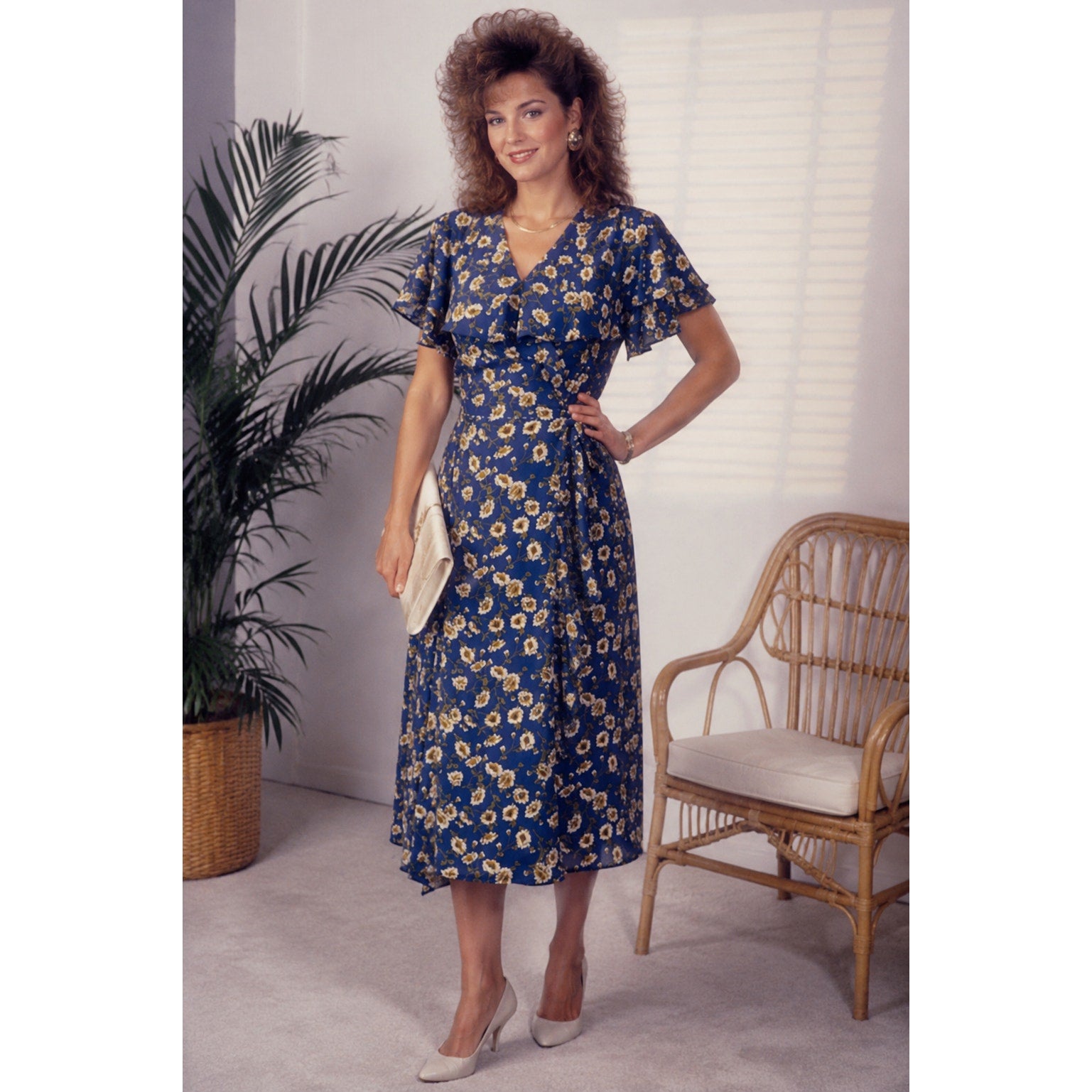 Vintage 80s Kristy Michaels Blue Floral Midi Dress Tie Waist A-Line Women's 12