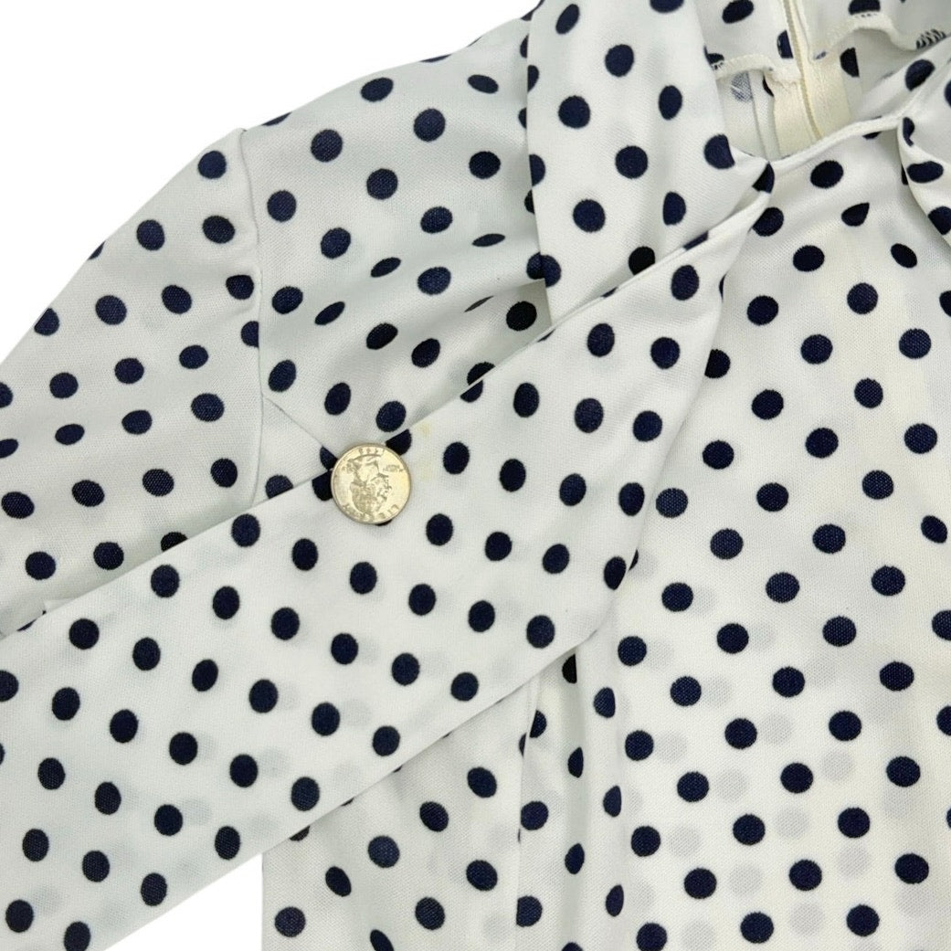 Vintage 70s White Black Polka Dot Tie Neck Blouse Top Women's 34 Bust