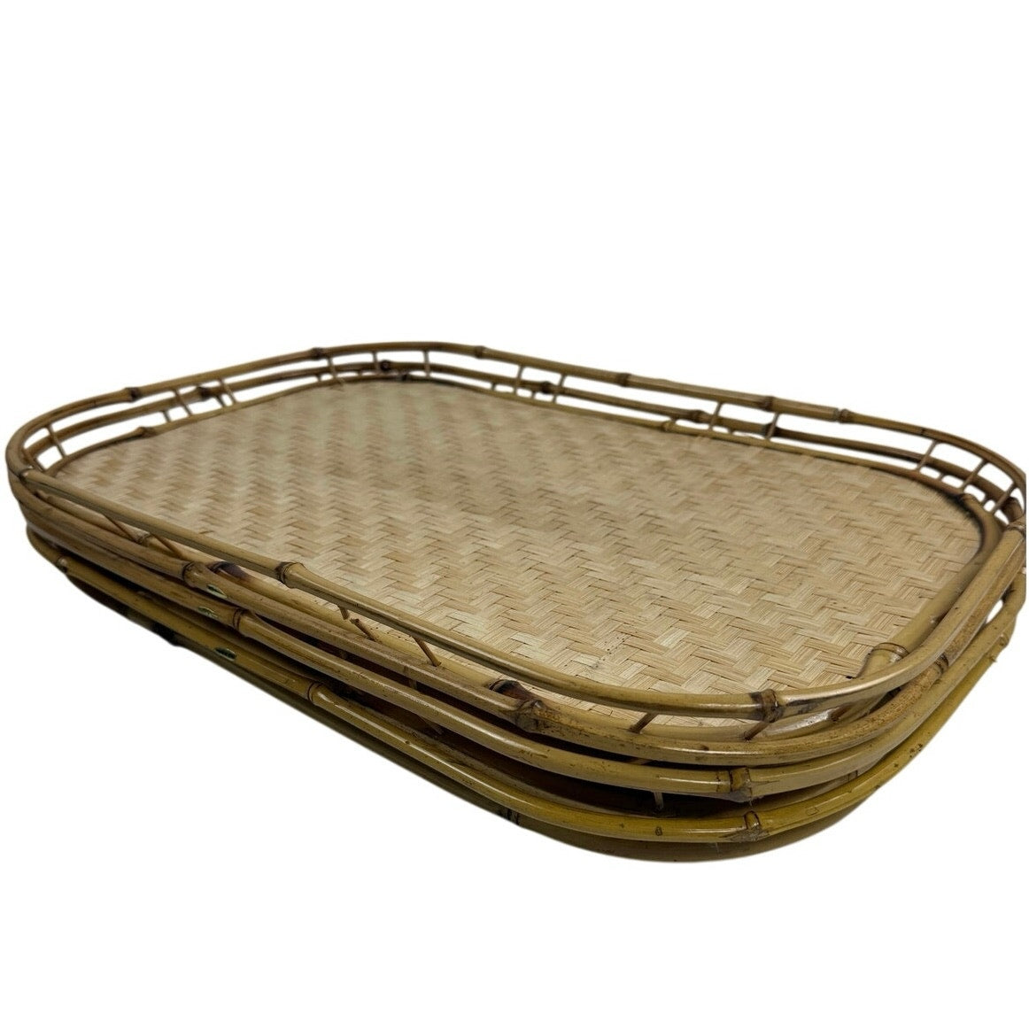 Vintage 1970s Bamboo Rattan Woven Serving Trays Set of 4 Taiwan