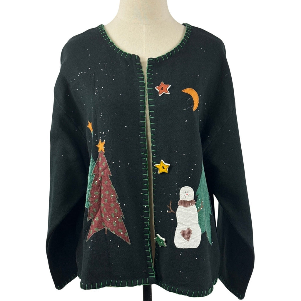 Vintage 80s Black Christmas Snowman Applique Sweatshirt Cardigan Women's Medium
