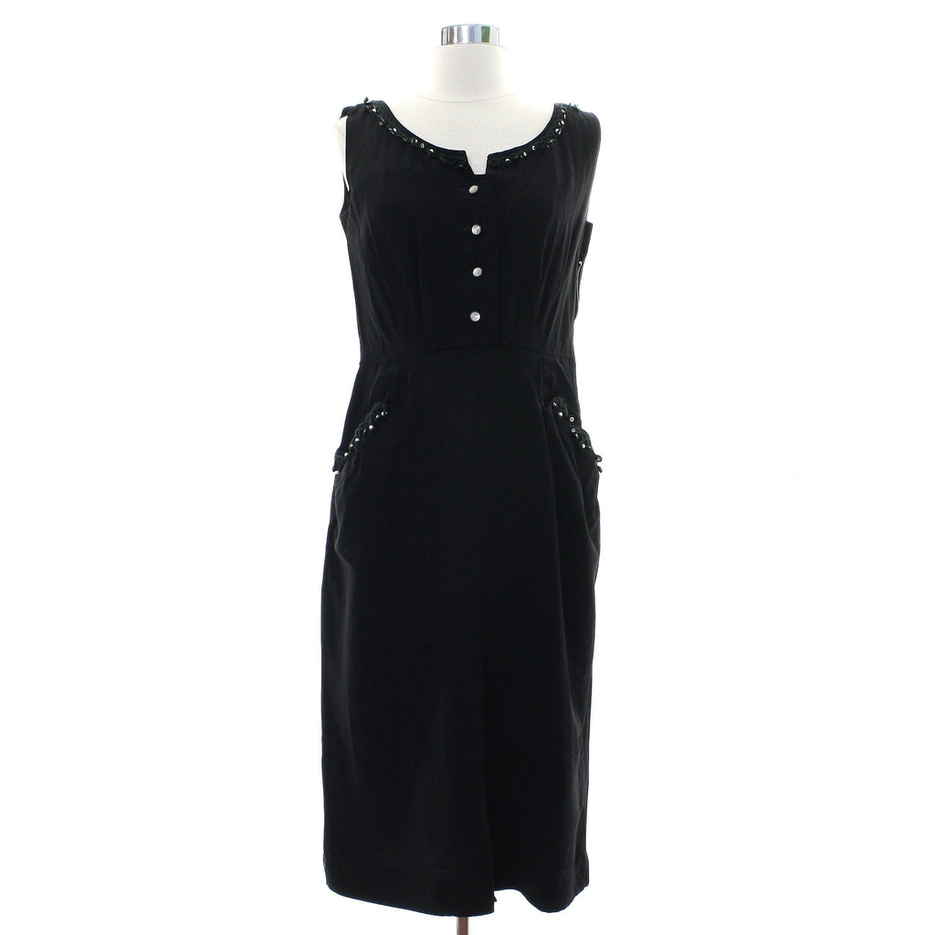 Vintage 1940s Black Rayon Beaded Rhinestone Midi Dress Women's S