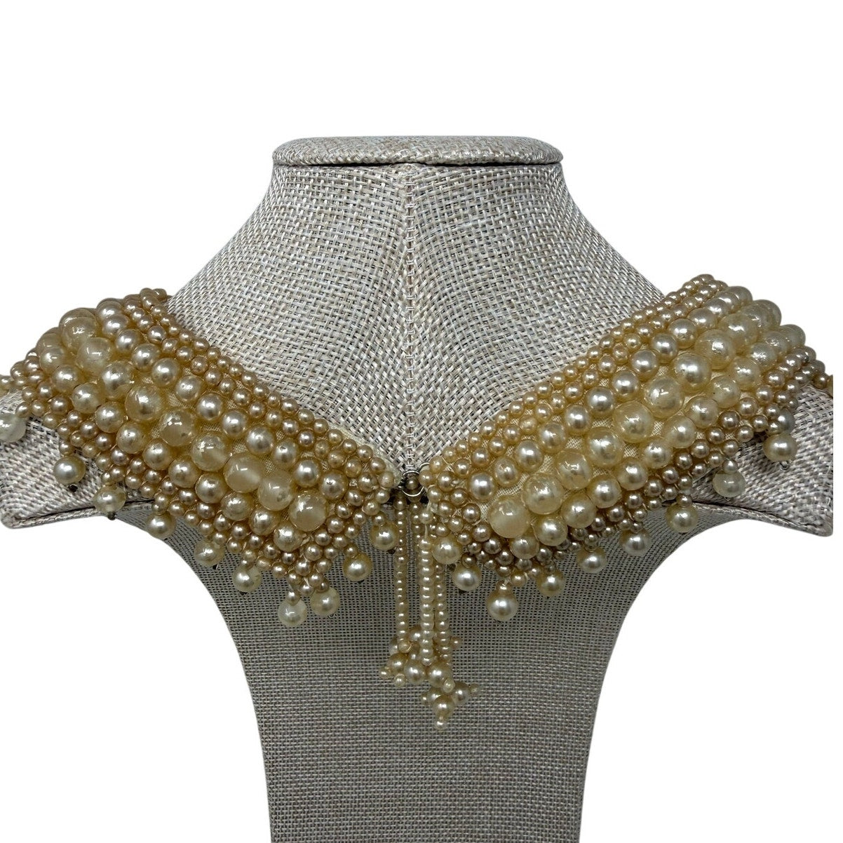 Vintage 40s Faux Pearl Beaded Collar Necklace Ivory Satin Bib 15.5”