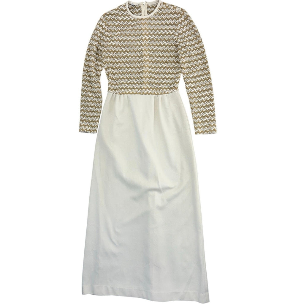 Vintage 1960s Ivory Gold Knit Maxi Dress Long Sleeve Sheer Bodice Women's XS