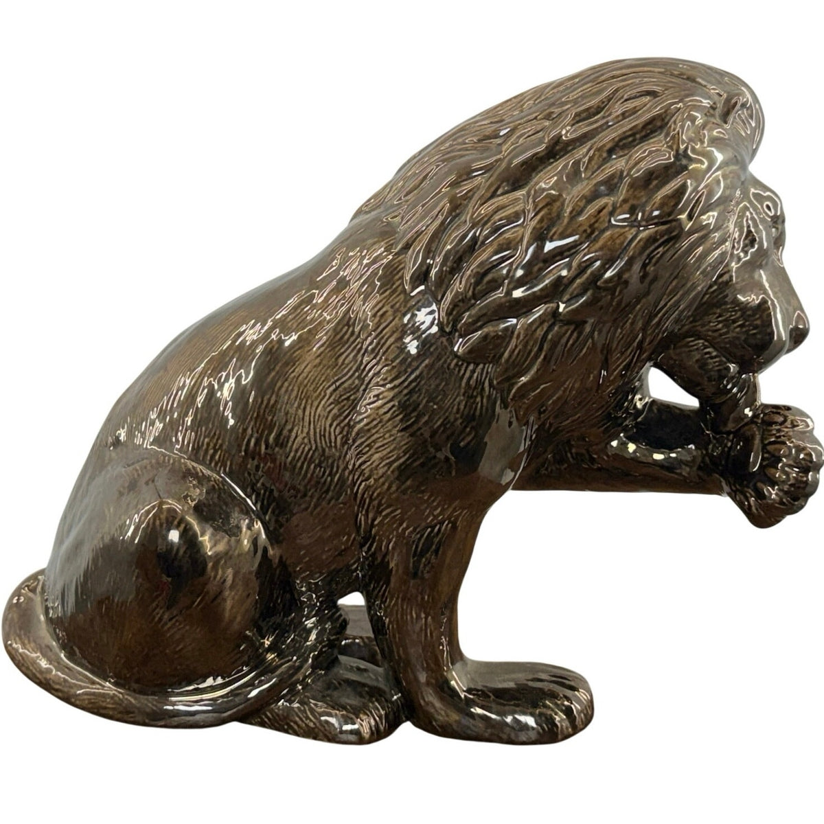 Vintage 90s Lion Sculpture Bronze Brown Glazed Pottery Statue 12"