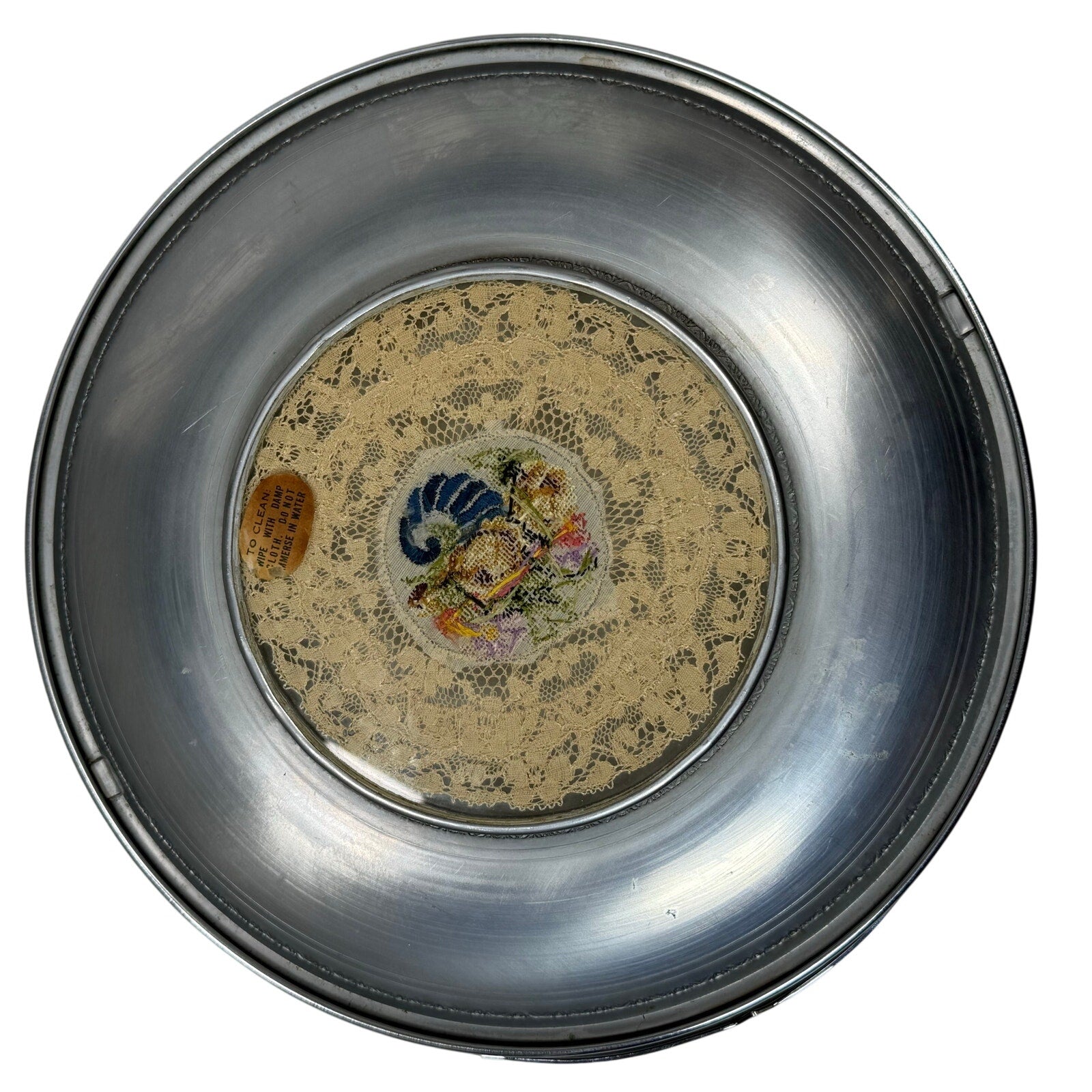 Vintage 50s Serving Silver with Tray Glass Inset Lace Doily Floral Handle 10.5”