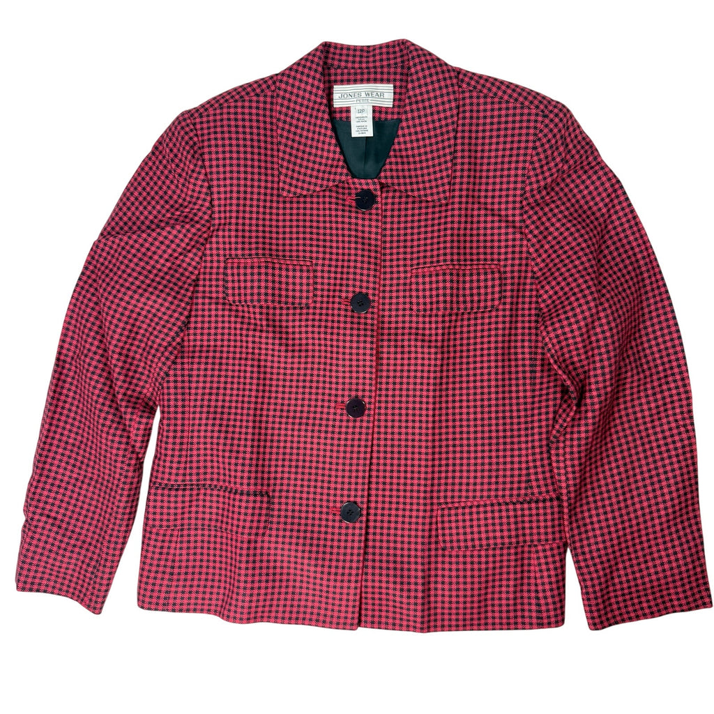 Vintage 90s Women's 12P Pink Houndstooth Blazer Jacket USA Made Rayon