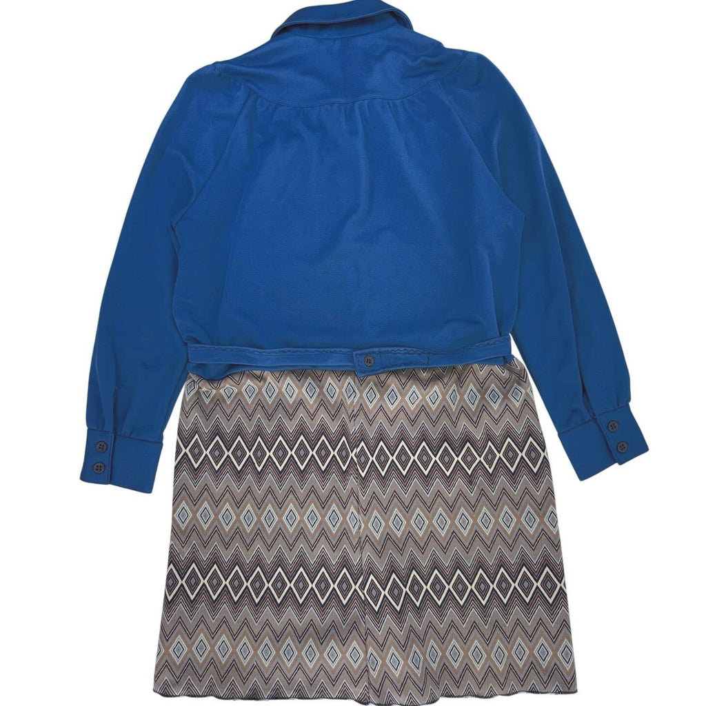 Vintage 70s Blue Geometric Shirt Dress Belted Polyester Knit Midi Dress