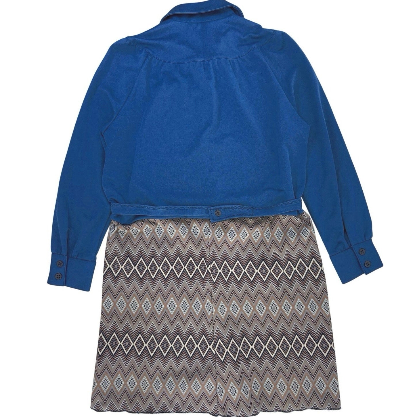 Vintage 70s Blue Geometric Shirt Dress Belted Polyester Knit Midi Dress