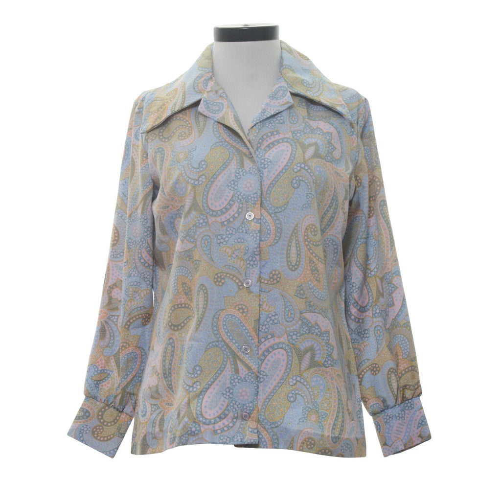 Vintage 70s Laura Mae Paisley Floral Blouse Blue Silky Polyester Women's Medium