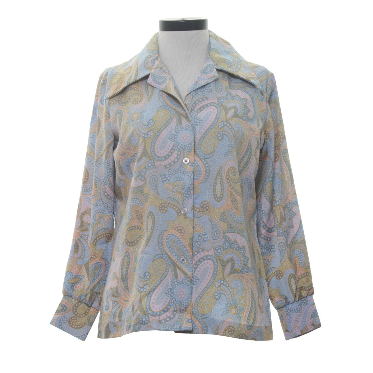 Vintage 70s Laura Mae Paisley Floral Blouse Blue Silky Polyester Women's Medium