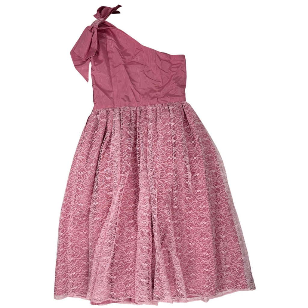Vintage 1980s Mauve Lace One Shoulder Bow Formal Midi Dress Women's Small