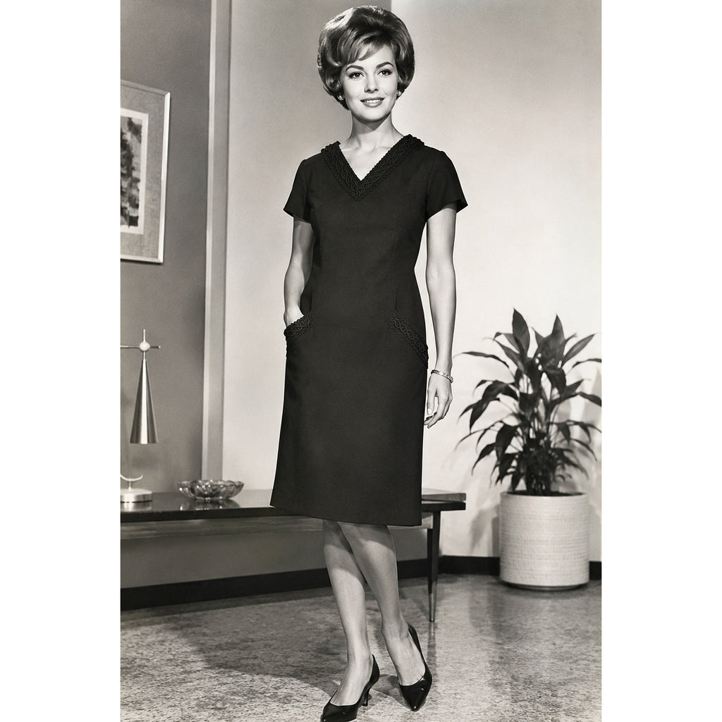Vintage 1960s Black Shift Cocktail Dress Lace Trim Pocket Mid Length Home Sewn