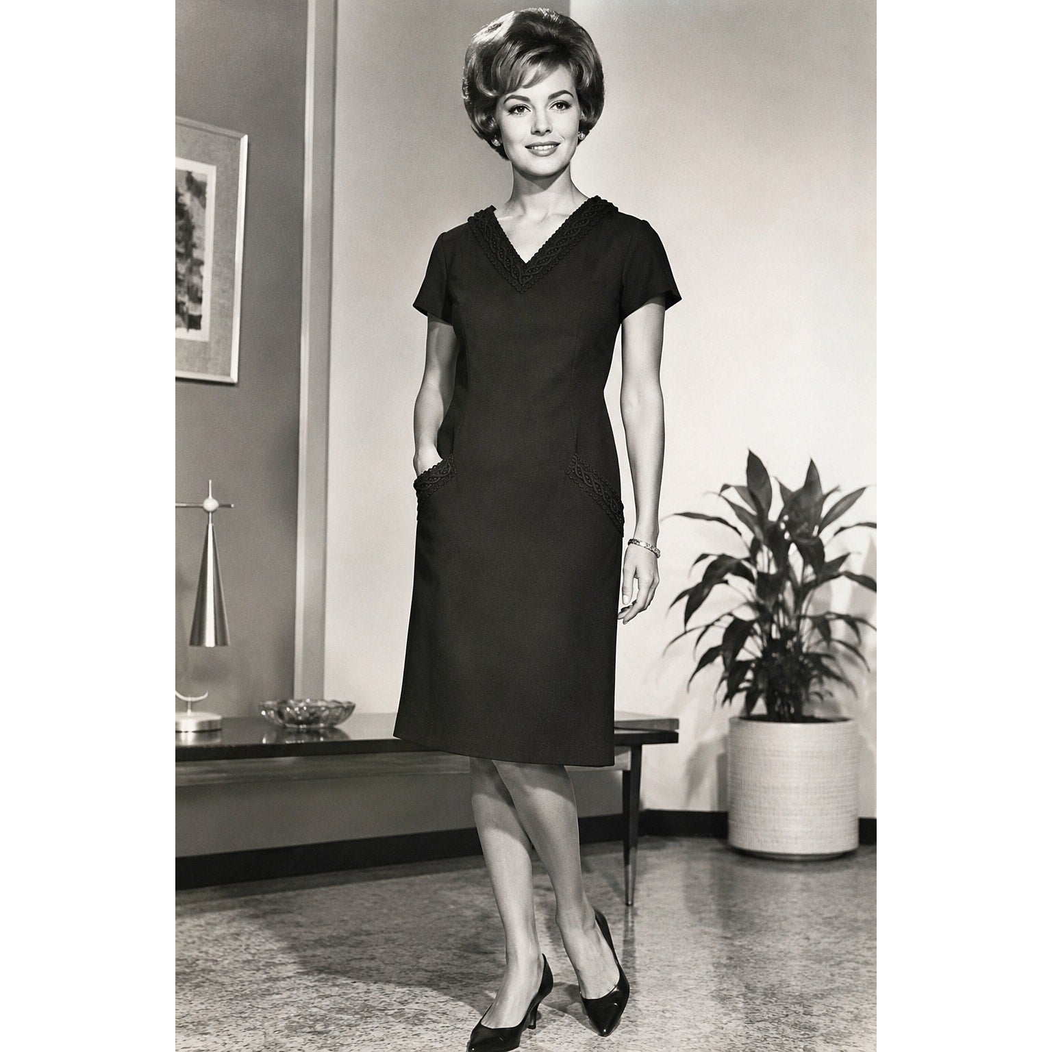 Vintage 1960s Black Shift Cocktail Dress Lace Trim Pocket Mid Length Home Sewn