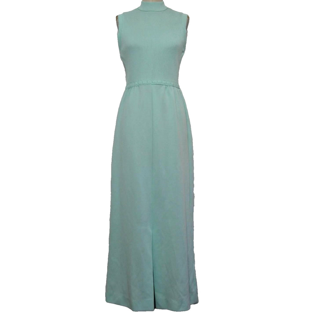 Vintage 70s Maxi Dress Women's Small Mint Green Sleeveless Knit Alison Ayers