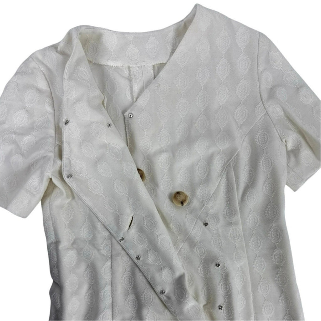 Vintage 70s White Textured Double Knit A-Line Dress Women’s Small