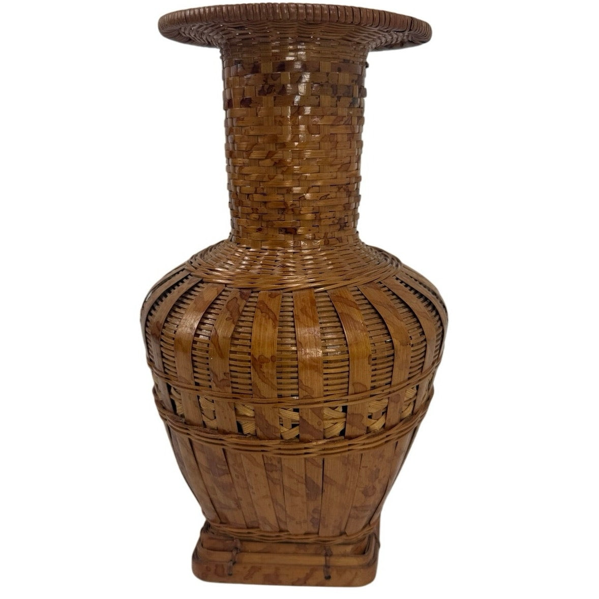 Vintage 70s Hand Woven Wicker Bamboo Bottle Vase 12 Boho MCM Decor