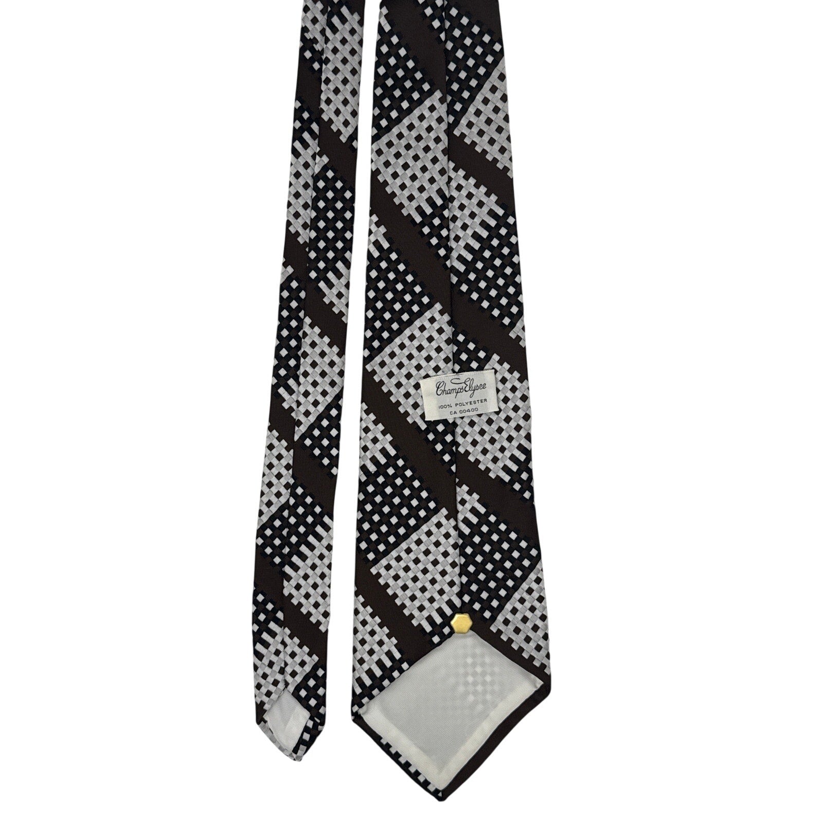 Vintage 70s Mens Wide Disco Necktie Champs Elysee Op Art Check Brown Black White