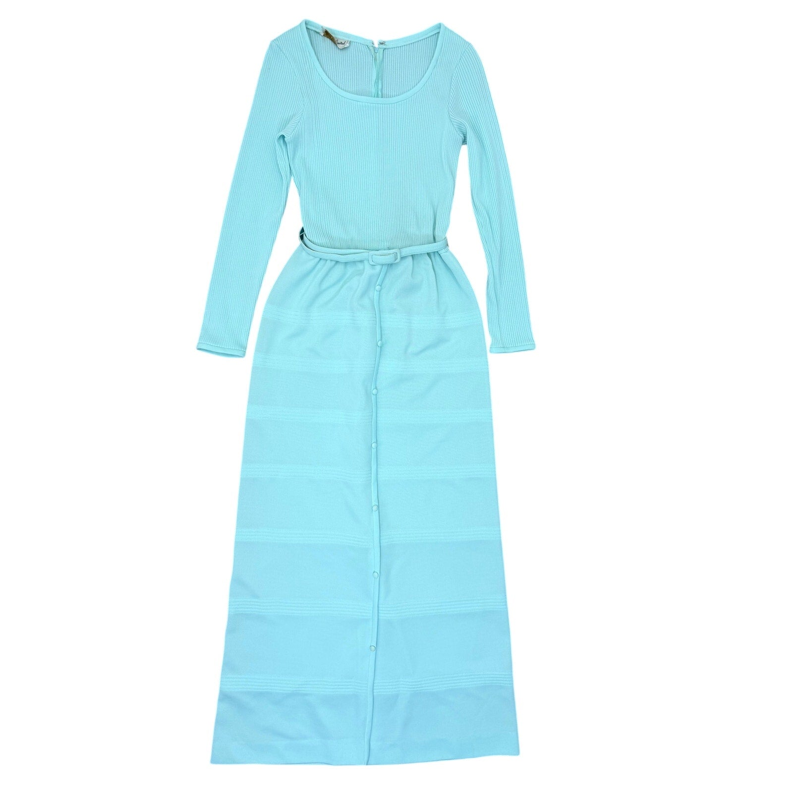 Vintage 70s Ayres Unlimited Aqua Maxi Dress Belted Ribbed Knit Long Sleeve