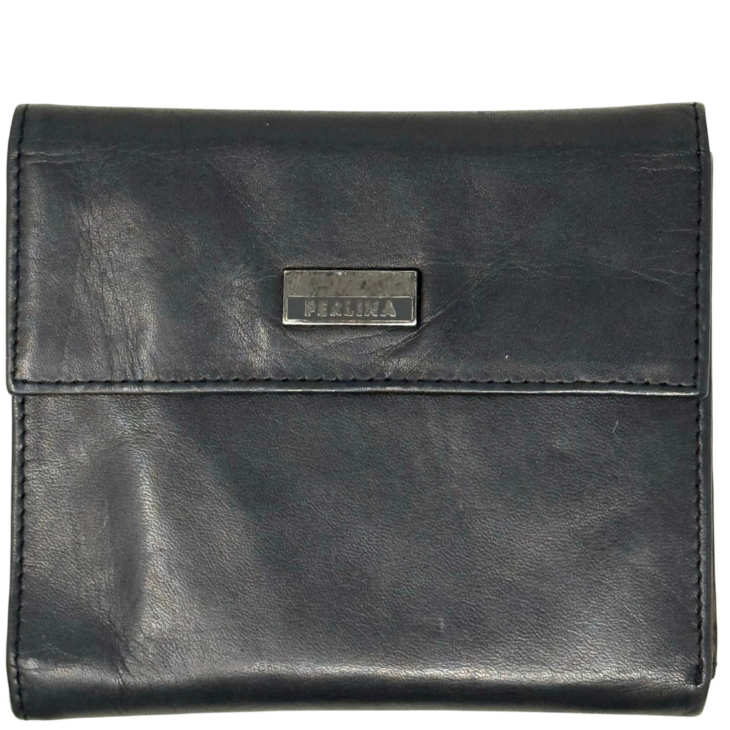 Vintage 00s Perlina New York Black Leather Wallet Clutch Organizer Zip Pocket