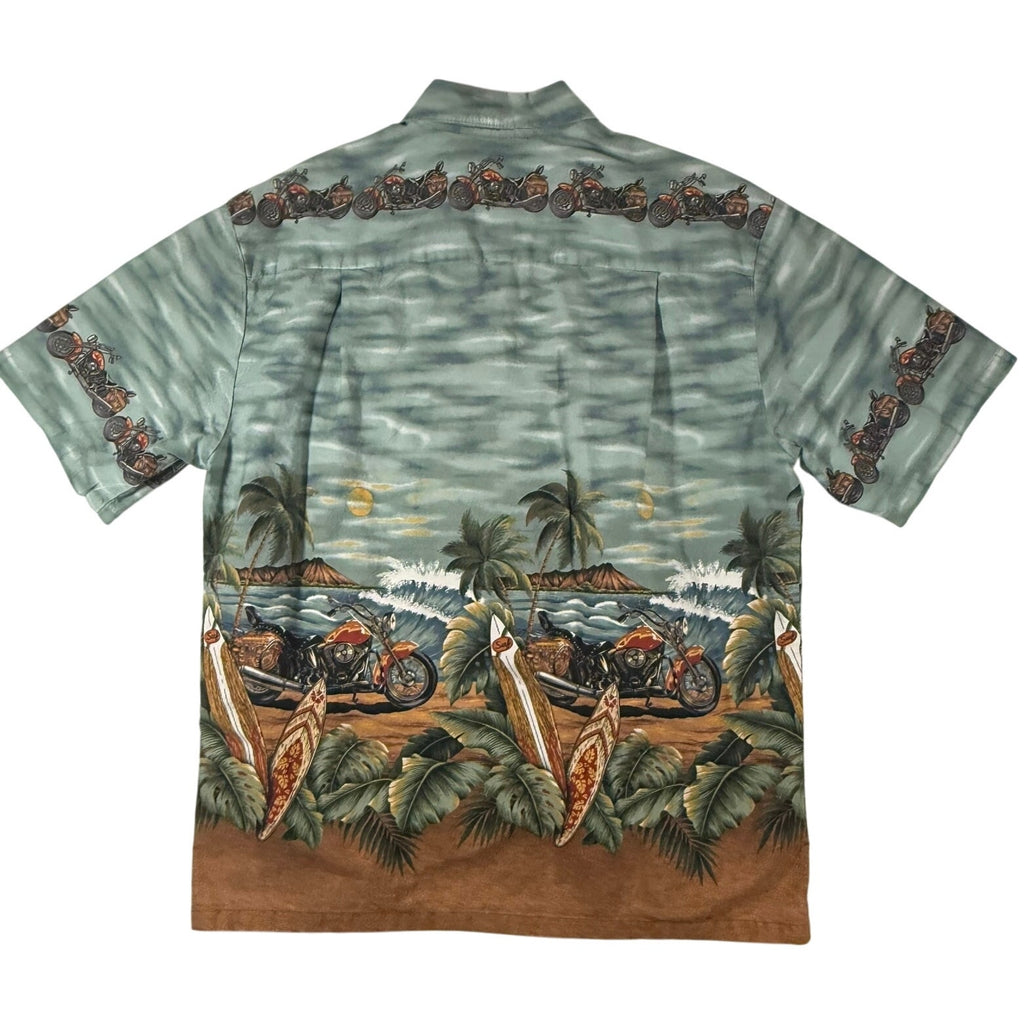Vintage 90s Men's Large Hawaiian Shirt Surfboard Motorcycle Made in USA