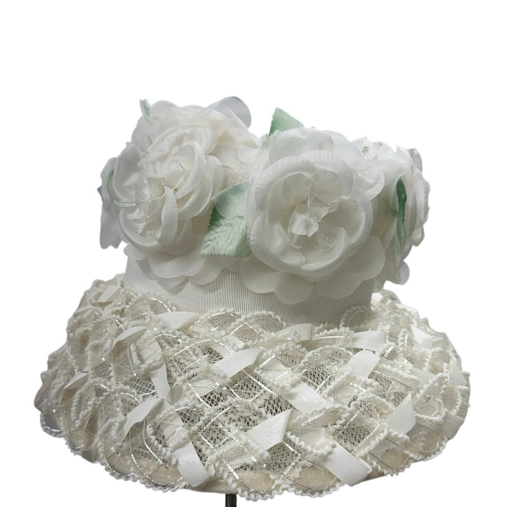 Vintage 60s White Floral Bucket Hat Lace Chiffon Union Label