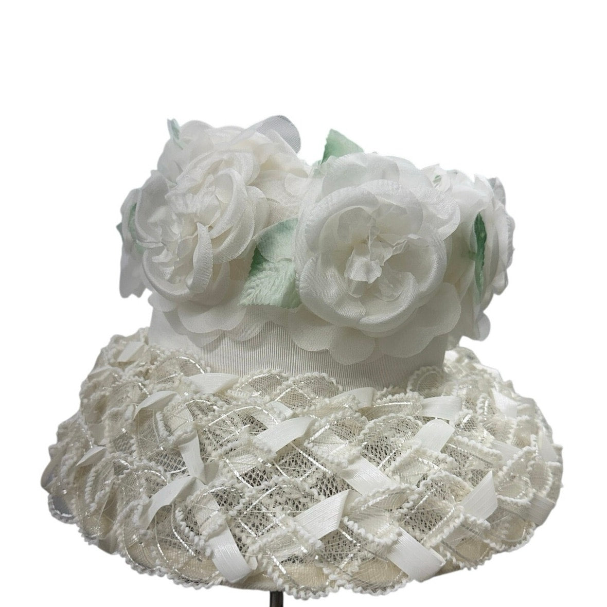 Vintage 60s White Floral Bucket Hat Lace Chiffon Union Label