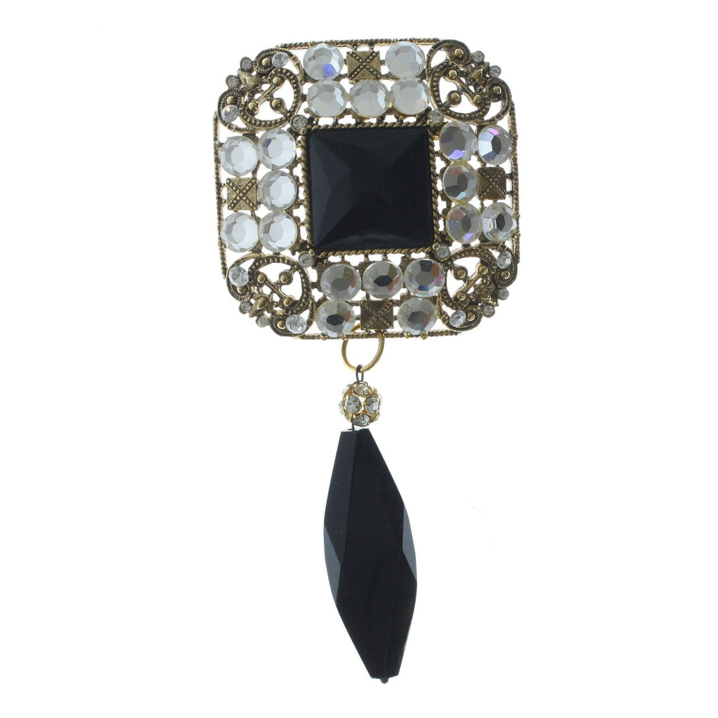 Vintage 1950s Brooch Black Glass Rhinestone Dangle Brass Tone Statement