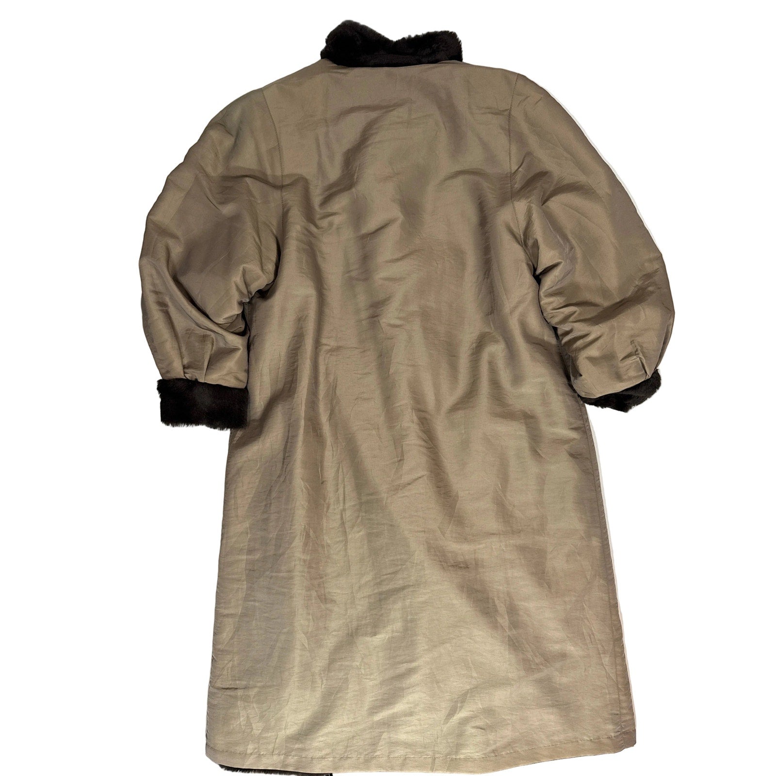 Vintage 70s Faux Fur Trench Coat Reversible Tan Rain Jacket Women’s Large