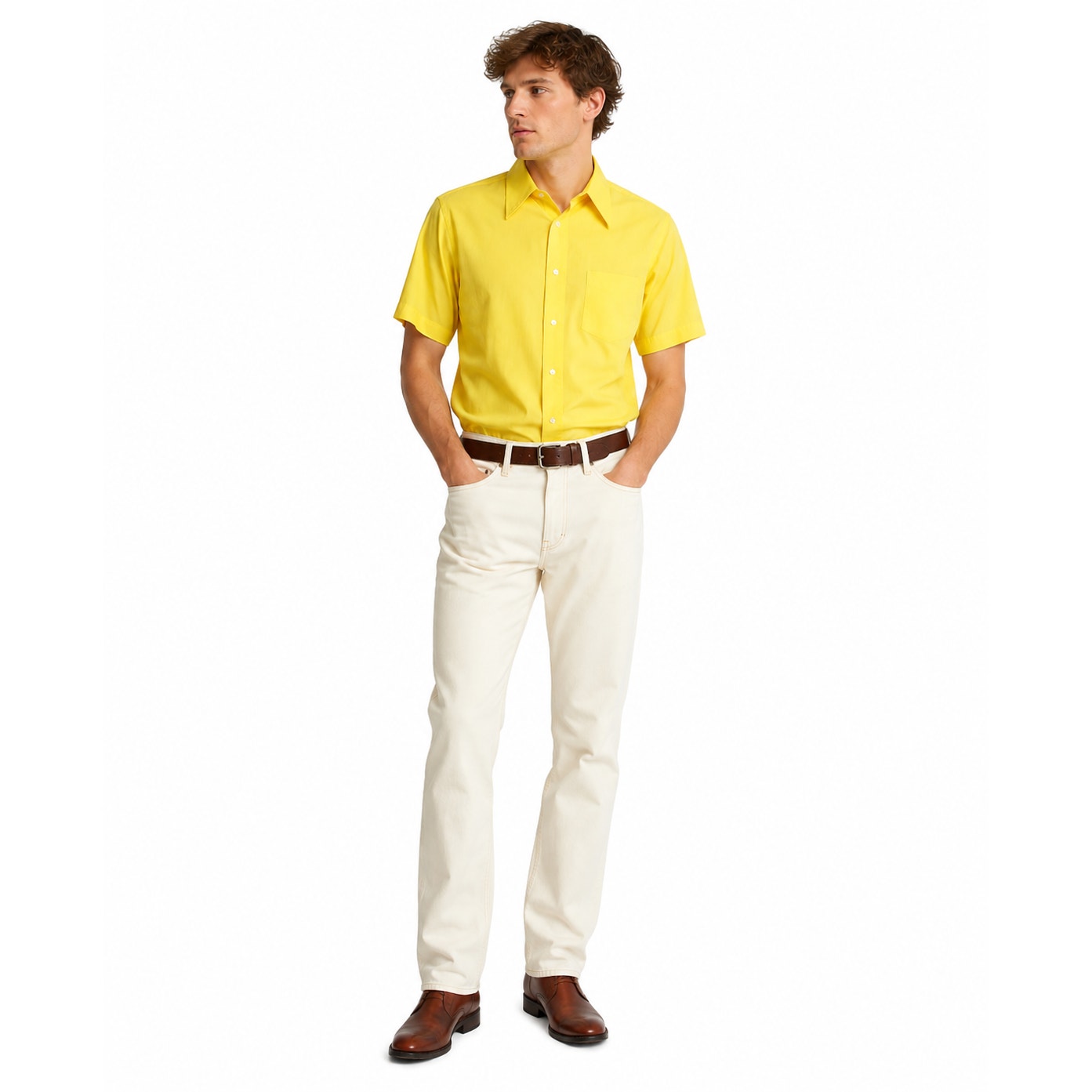 Vintage 70s Alexanders Yellow Short Sleeve Point Collar Shirt Men's Medium