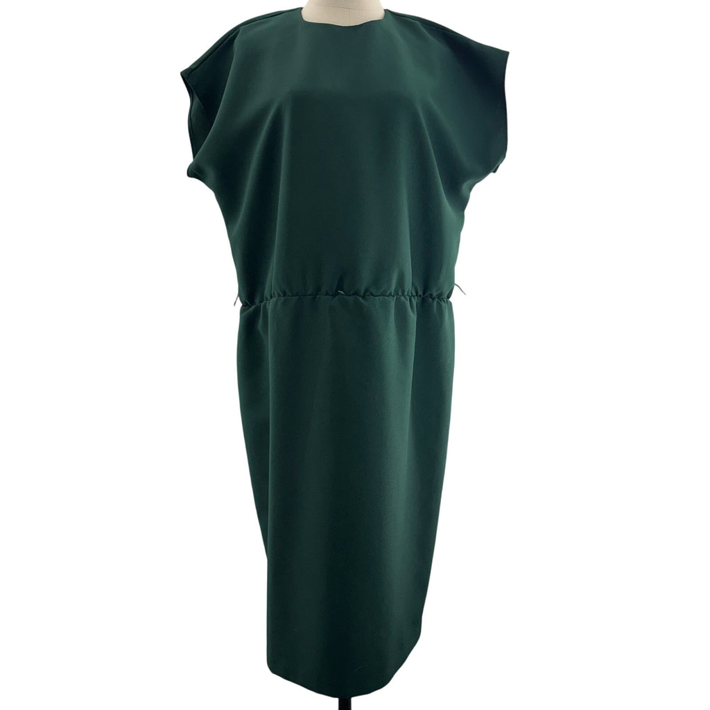 Vintage 1970s Women's 16 Hunter Green Midi Dress Gold Belt Vent Back CB