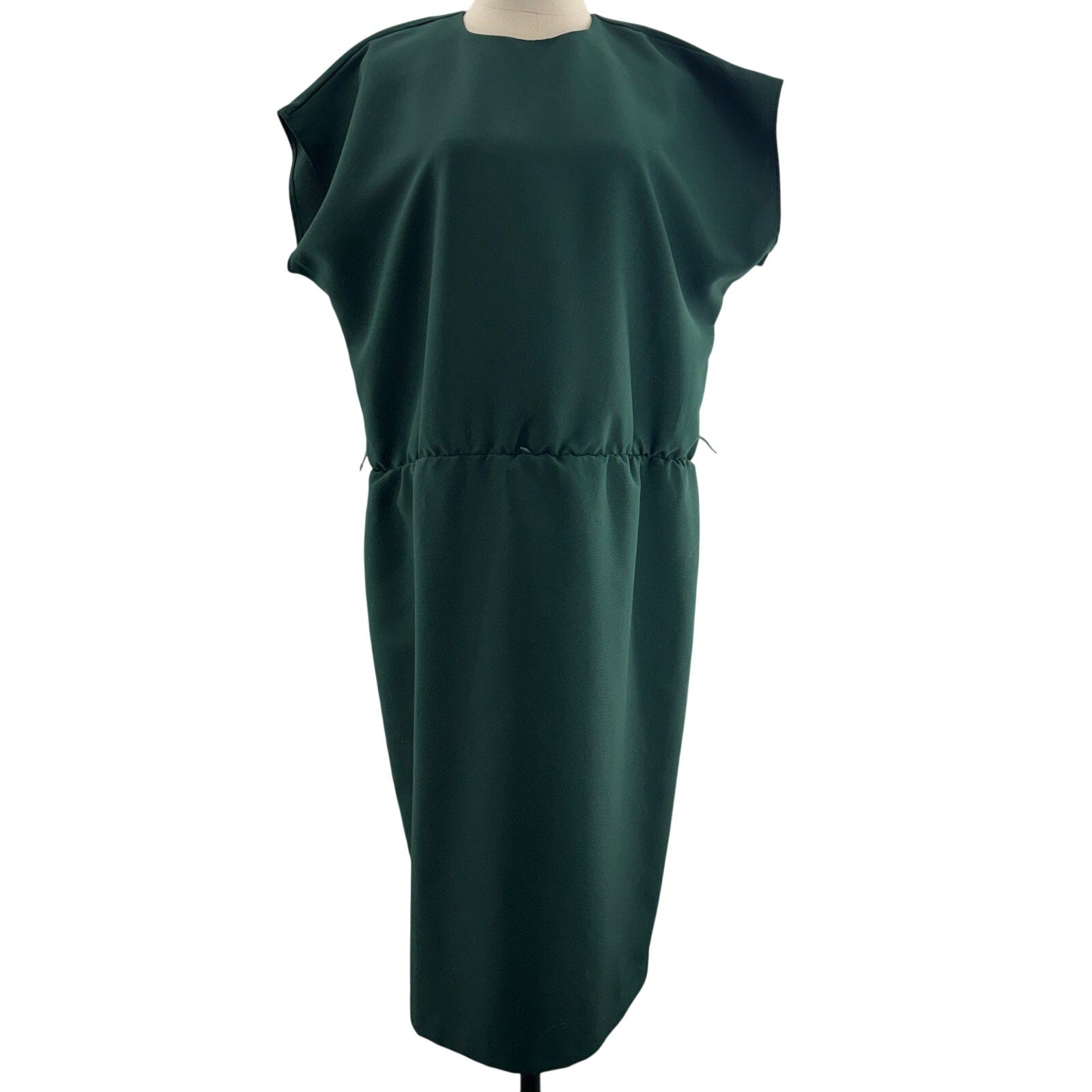 Vintage 1970s Women's 16 Hunter Green Midi Dress Gold Belt Vent Back CB