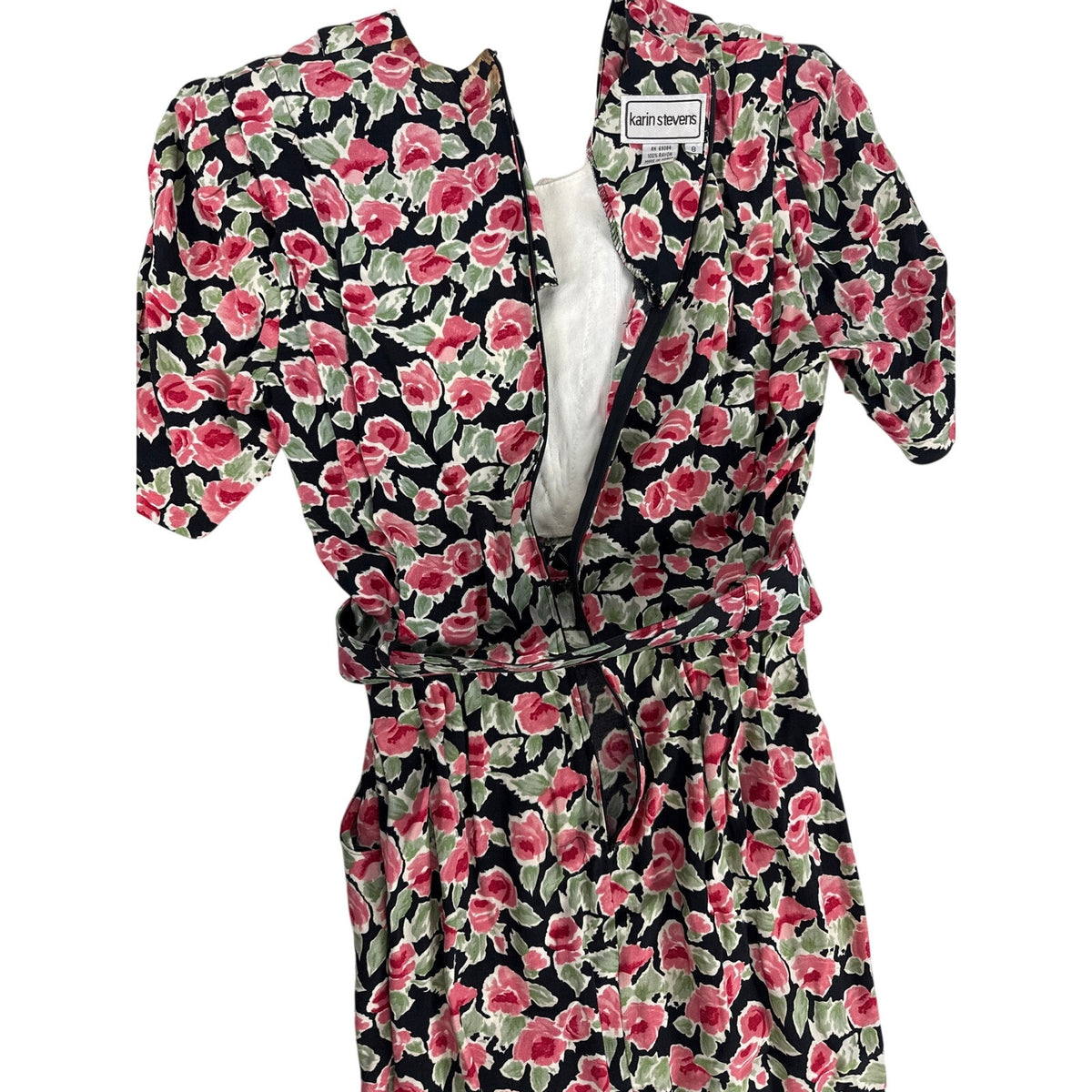 Vintage 80s Karin Stevens Pink Floral Rayon Belted Midi Sheath Dress Medium
