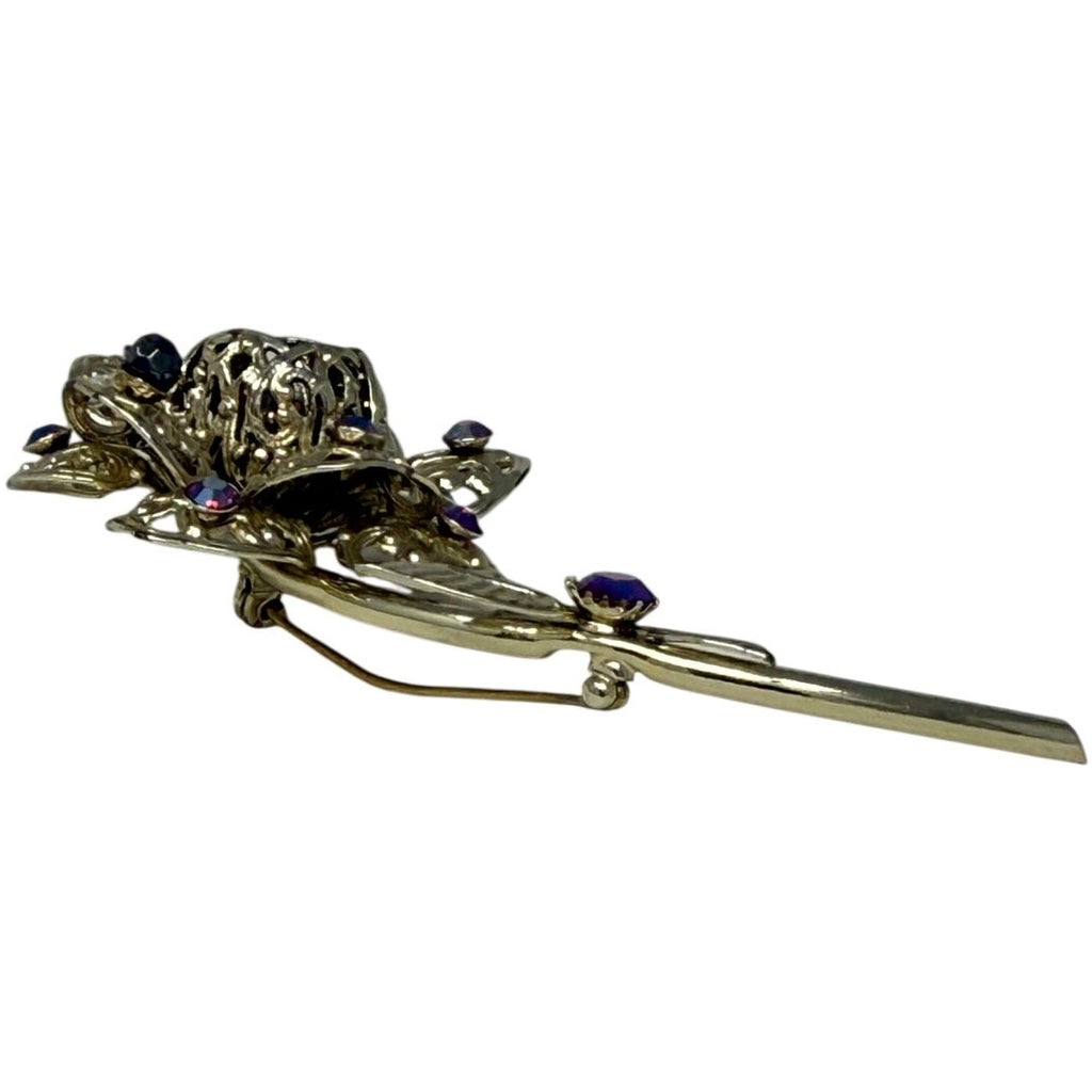 Vintage 80s Sarah Coventry Floral Rhinestone Brooch Silver Tone Pin