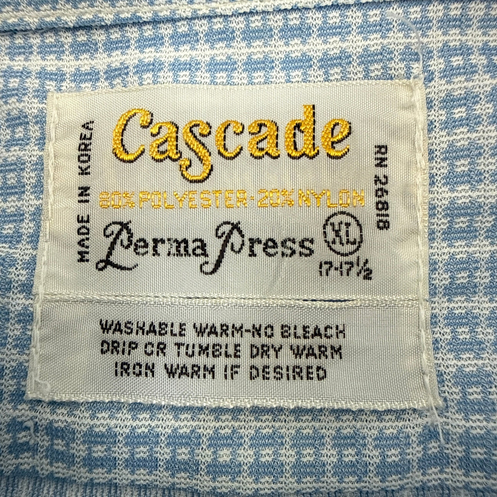 Vintage 70s Men's XL Cascade Blue Micro Check Shirt Disco Collar