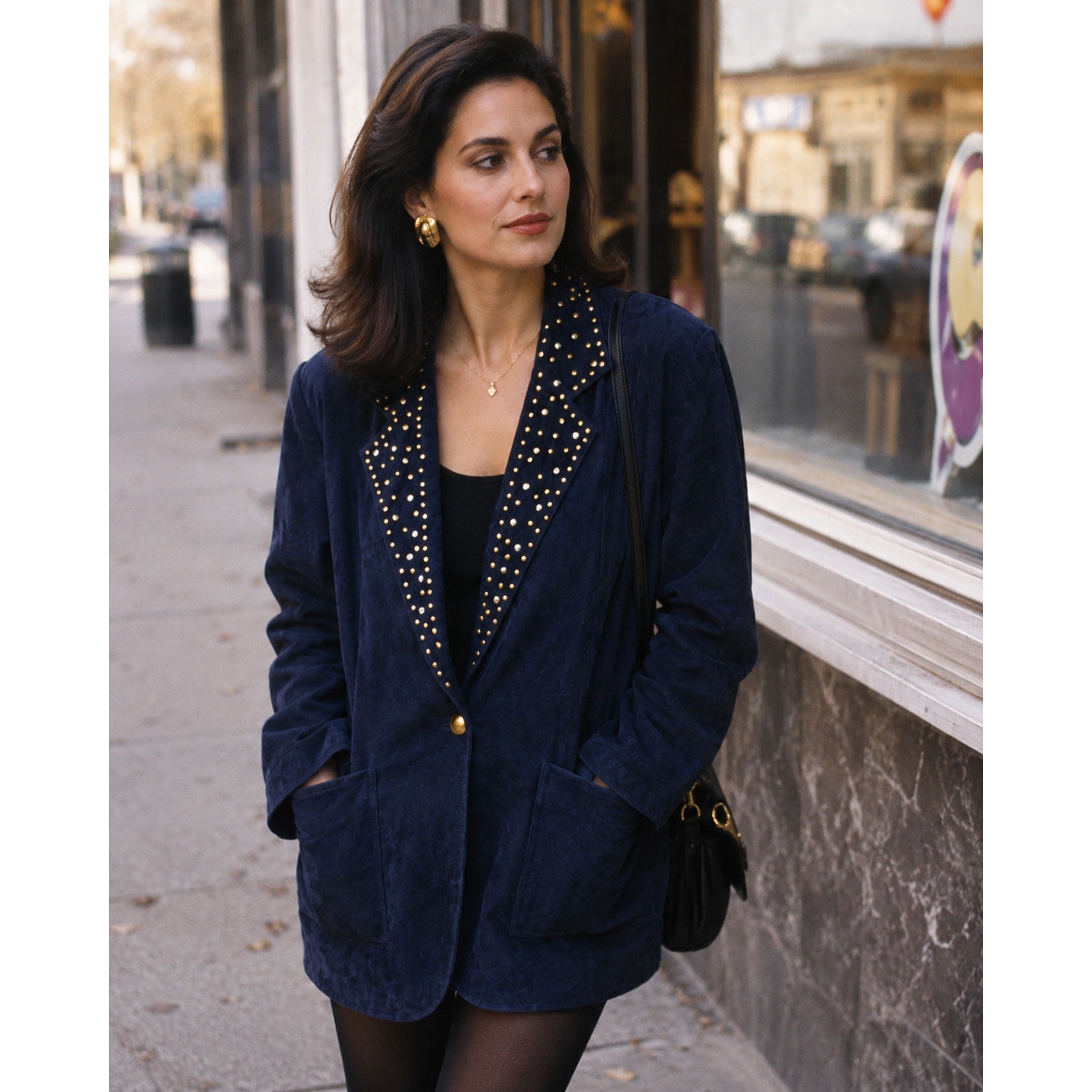 Vintage 90s Women's Large Navy Suede Leather Blazer Jacket Studded Lined