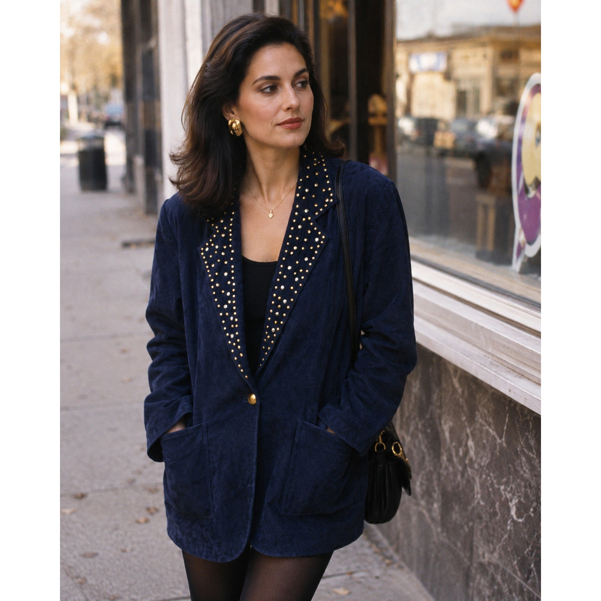 Vintage 90s Atlantic Beach Navy Suede Leather Jacket Studded Lined Women's Large