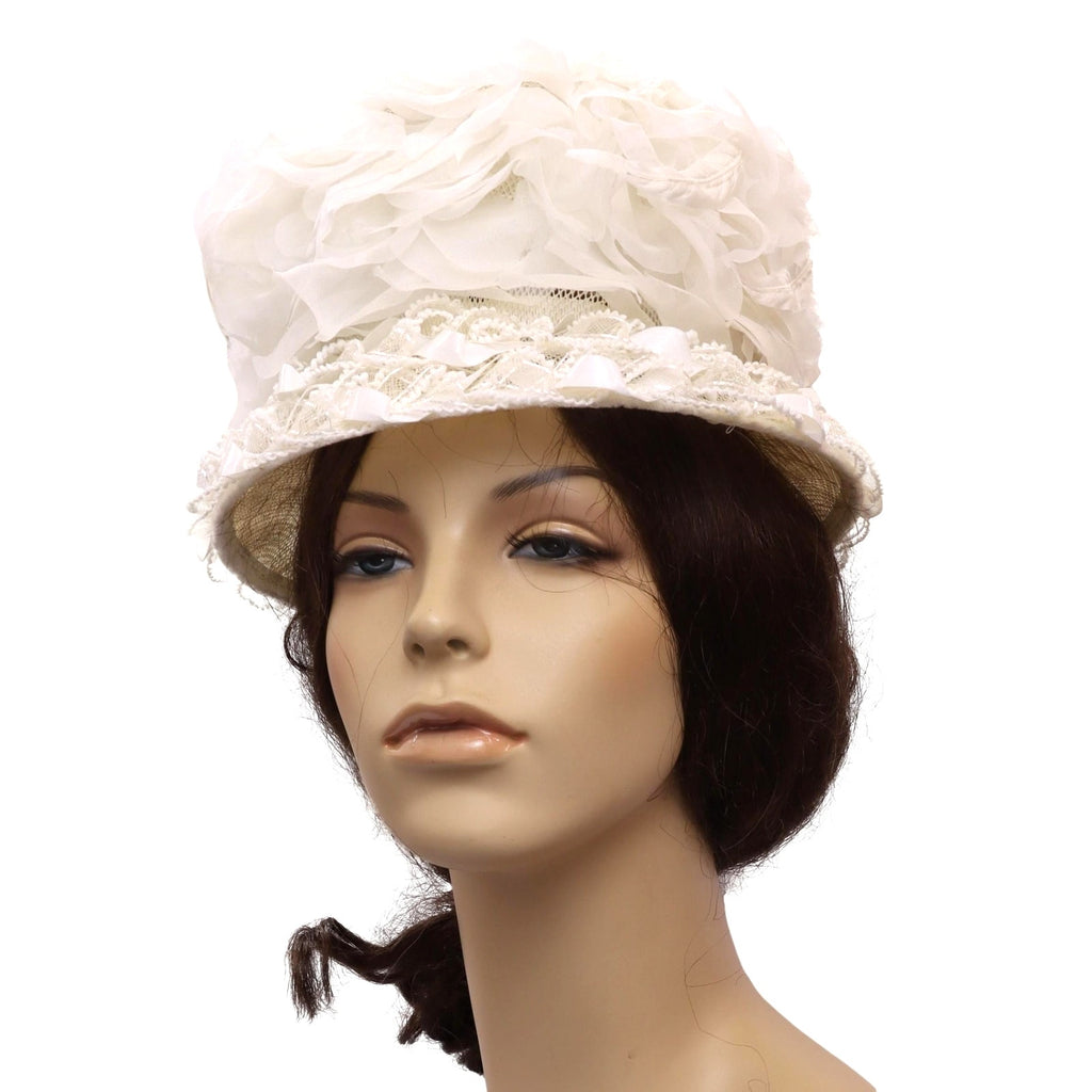 Vintage 50s White Chiffon Floral Brim Hat Union Label Formal