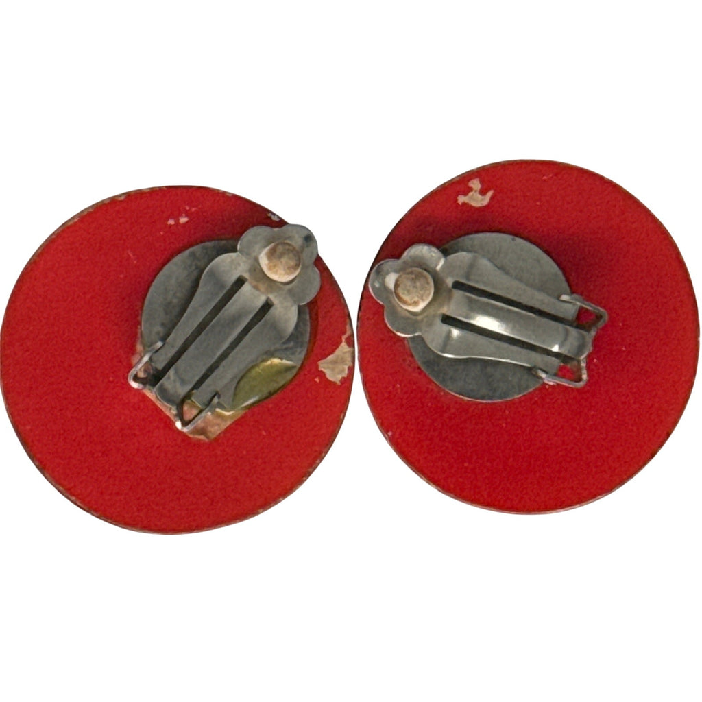 Vintage 60s Tomato Red Clip On Earrings Silver Glitter Mod Mid Century