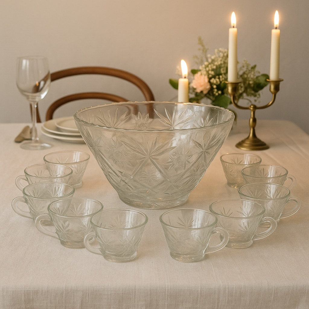 Vintage 70s Clear Glass Punch Bowl Set w/ 9 Cups Starburst Pattern 14” Large