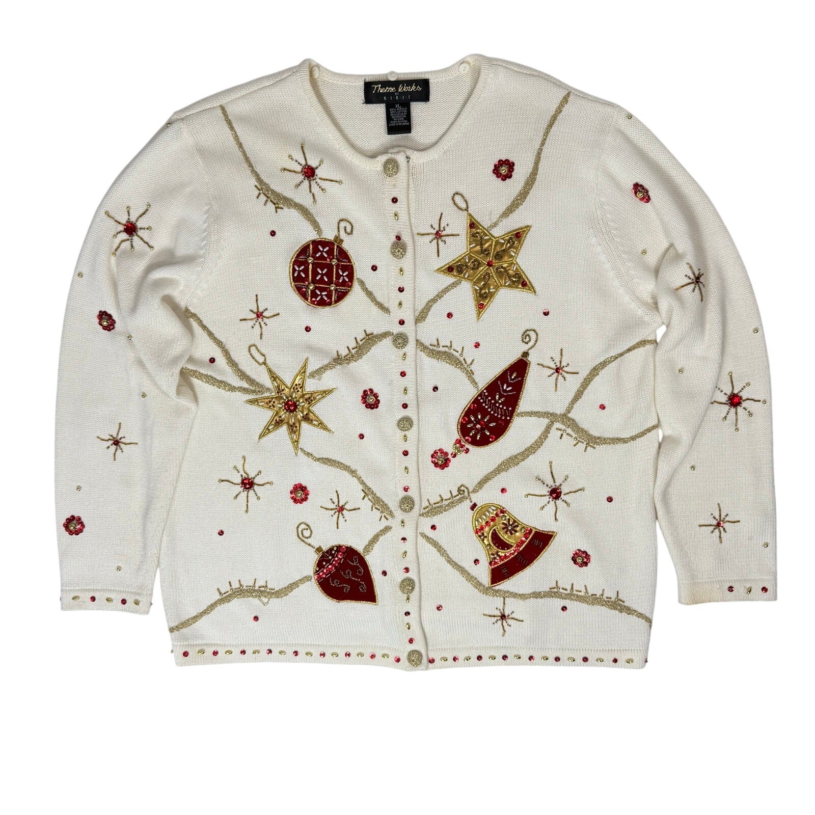 Vintage 90s Women’s XL Christmas Sweater Beaded White Holiday Knit