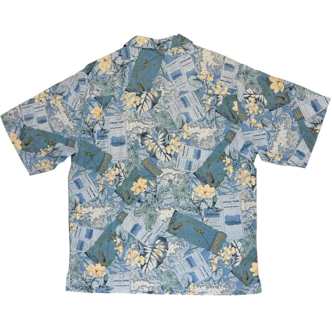 Vintage 90s Three Palms Silk Hawaiian Shirt Mens M Blue Tropical Aloha
