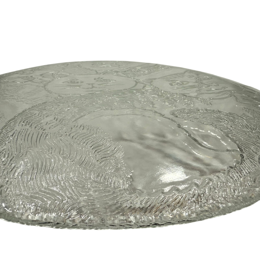 Vintage 80s Cat Serving Tray 12.5" Round Clear Embossed Glass Plate