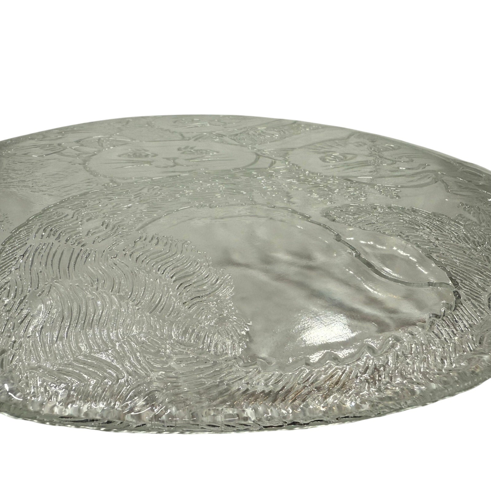 Vintage 80s Cat Serving Tray 12.5" Round Clear Embossed Glass Plate