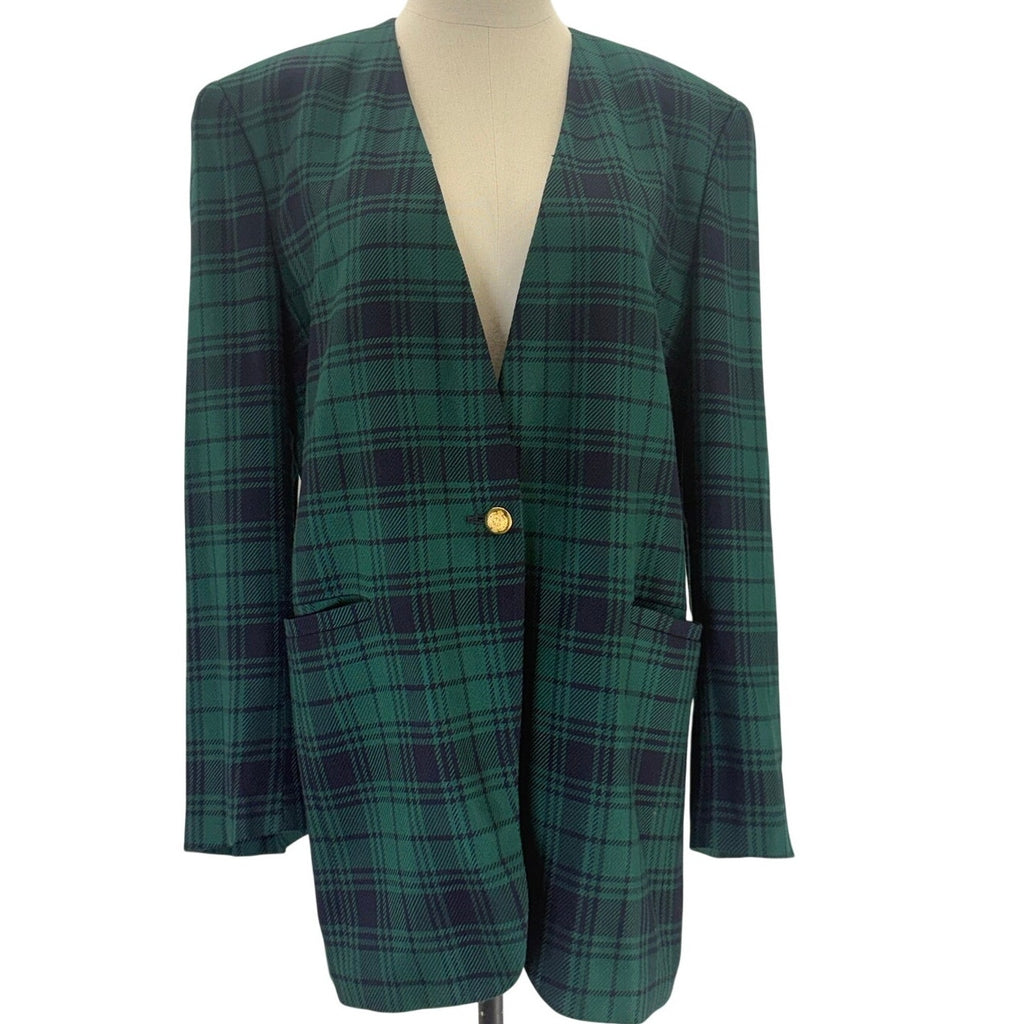 Jones New York Plaid Blazer Jacket Women's 8 Green Blue USA Single Button