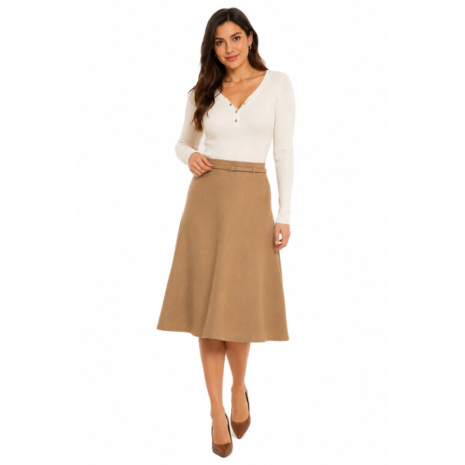 Vintage 90s Evan-Picone Tan Wool A-Line Midi Skirt Women's 26 Waist Fully Lined