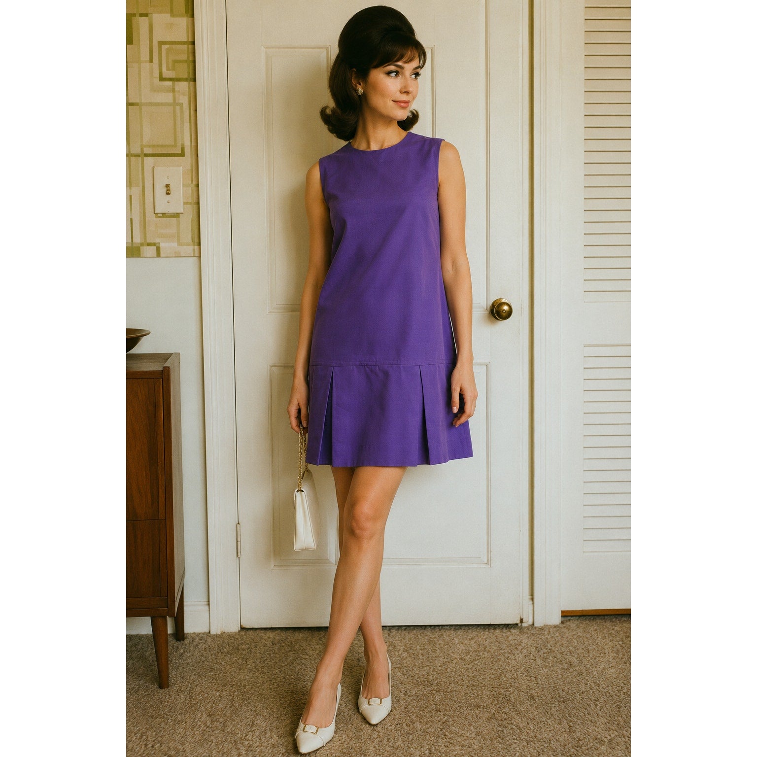 Vintage 1960s Purple Shift Dress Sleeveless Mod Cotton Blend Women's Medium