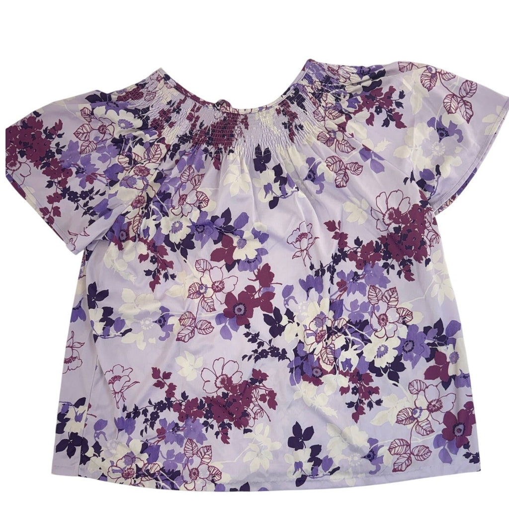 Vintage 70s Lavender Floral Polyester Peasant Blouse Tie Neck Top Women's Medium
