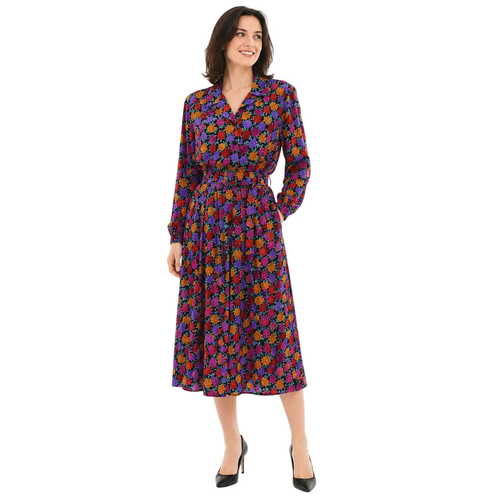 Vintage 80s Liz Claiborne Silk Floral Midi Dress Belted Petite 14 Purple