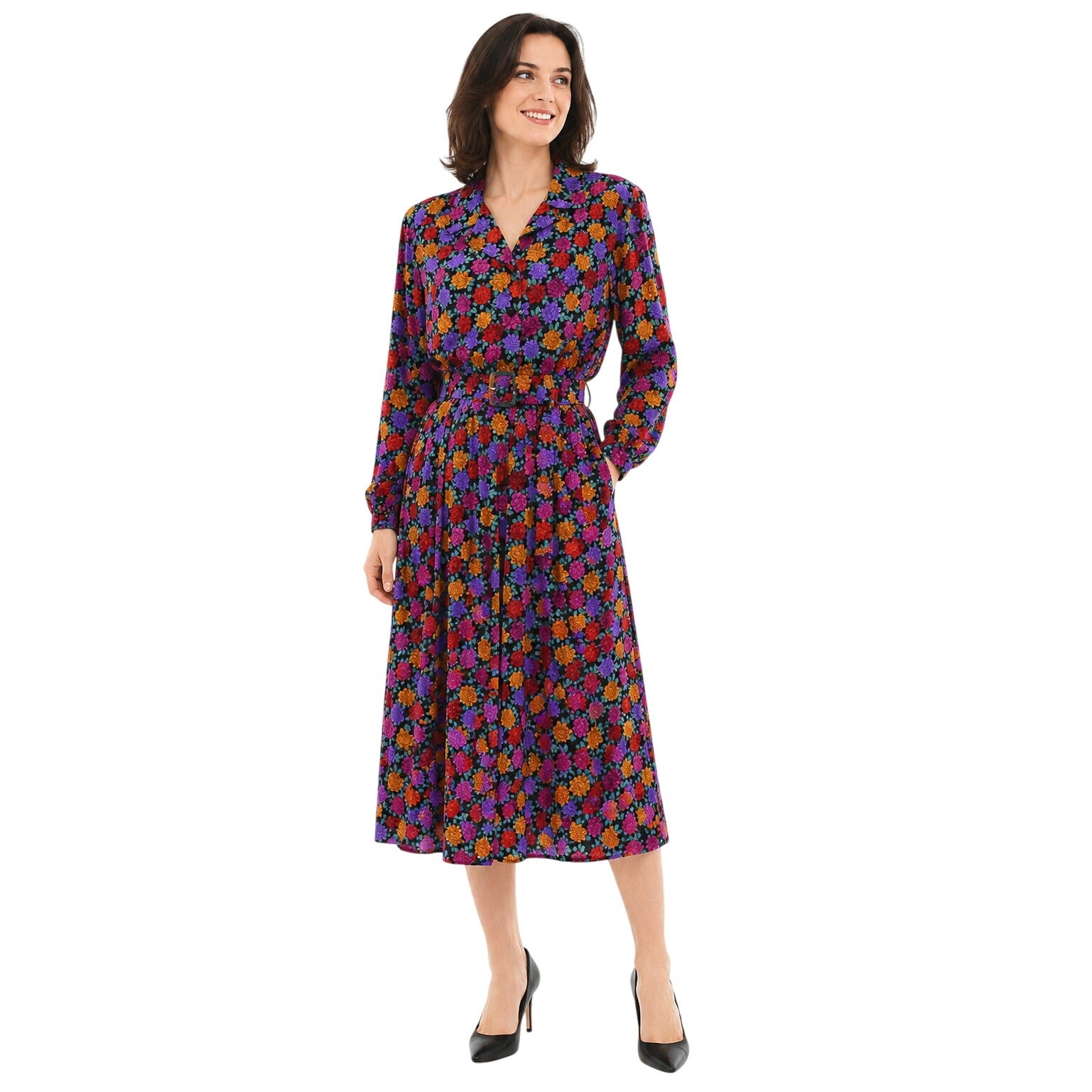 Vintage 80s Liz Claiborne Silk Floral Midi Dress Belted Petite 14 Purple