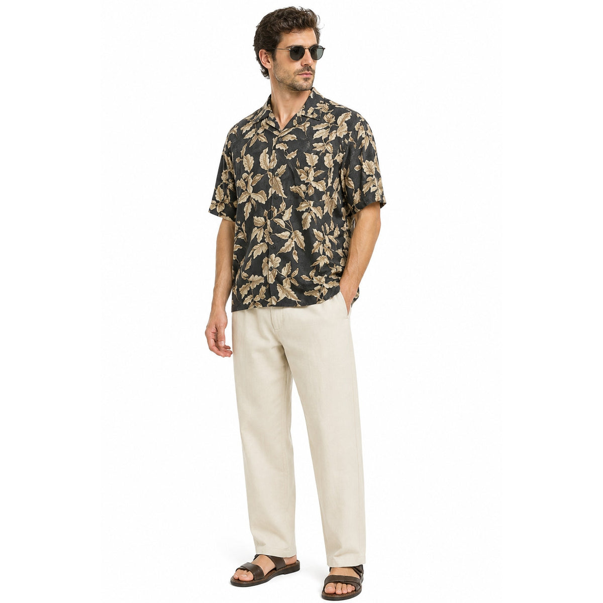Vintage 80s Pierre Cardin Mens XL Black Tan Foliage Cotton Hawaiian Shirt